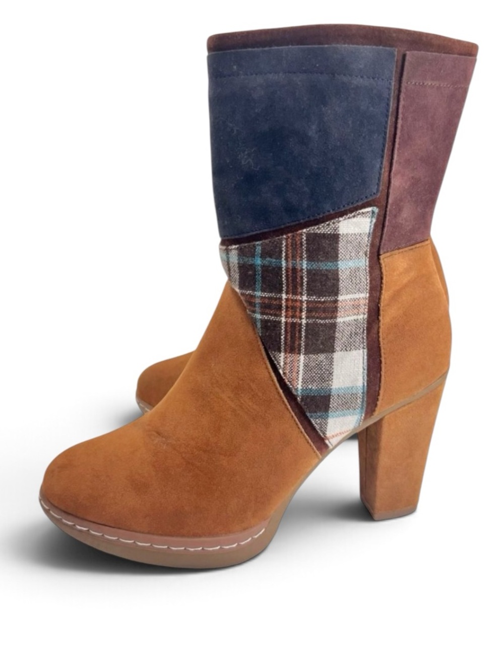 Muk Luks Nola brown:suede vegan boho patchwork heeled boots